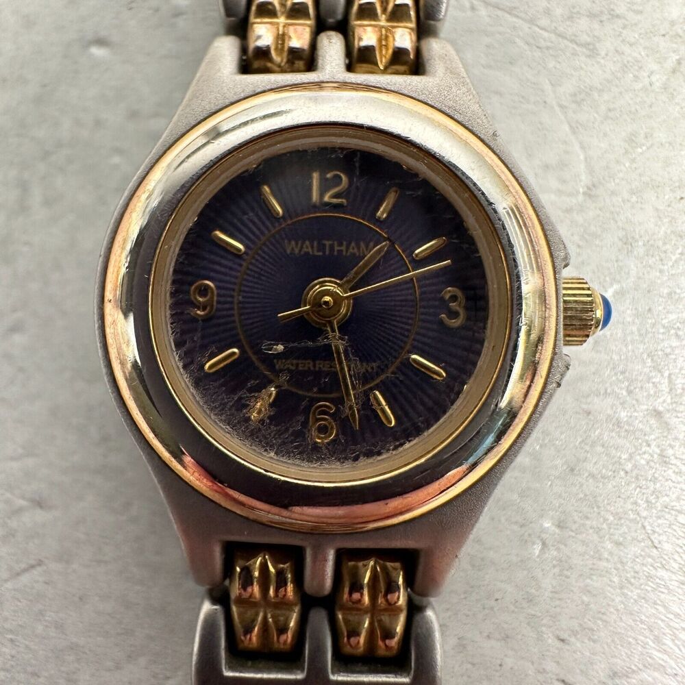 Waltham Watch Womens 19mm Round Blue Dial Two Tone 6.5" Quartz New Battery